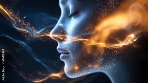 Futuristic digital art of woman face with glowing particles and light trails, creating surreal and ethereal atmosphere that emphasizes imagination, technology, and serenity in dark background