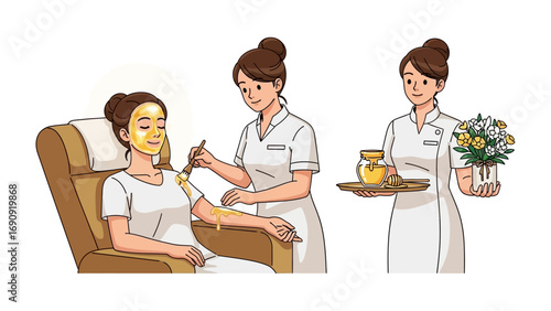 Two nurses in uniform attending to a patient relaxing in a comfortable chair one applying a facial treatment and the other holding a tray with flowers and a jar