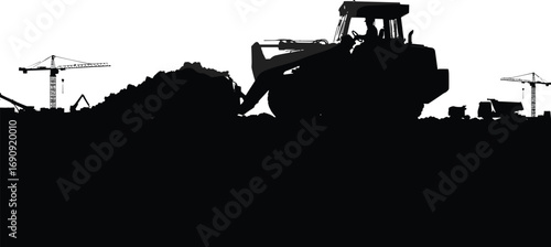 Construction machinery silhouettes, full black illustration, cranes, bulldozer, excavator, heavy trucks at work, building site industry design, contractor equipment, industrial machines, workers