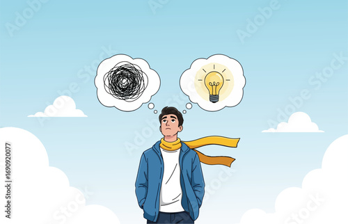 Young man contemplates complex thoughts transforming into brilliant ideas under a bright sky