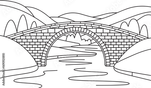 Stone Arch Bridge Over River with Mountains and Landscape Vector Illustration, bridge, landscape