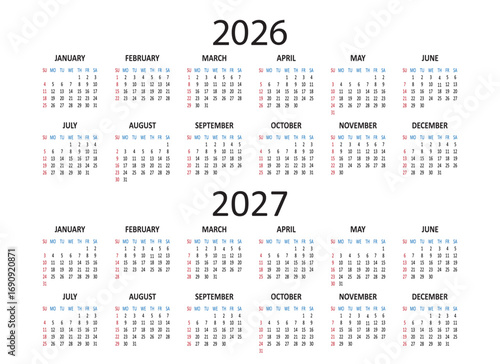 American calendar 2026 2027 years. Week starts on Sunday. Simple business daily USA banner. Vector illustration isolated on white background