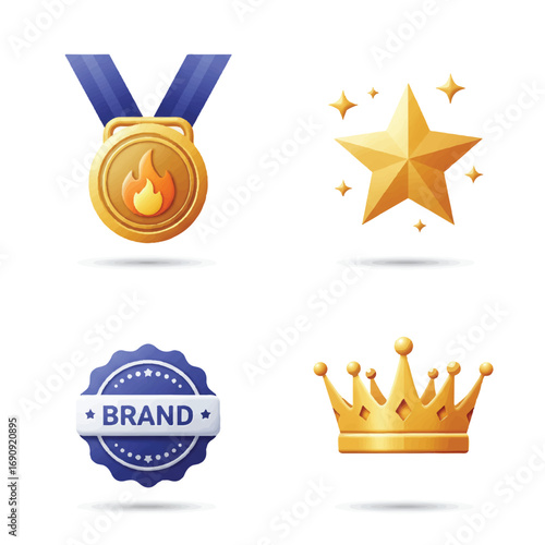 Flat Vector Influencer & Brand Recognition Icons: Medal, Creator Star, Badge, Crown – Premium Achievement UI