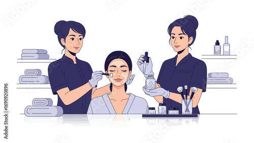 Two professional beauticians applying facial serum and skincare treatment to a relaxed woman in a modern beauty salon spa setting