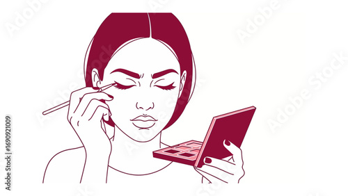 Close up of a young woman applying eyeshadow with a brush while looking in a compact mirror illustrating beauty and personal grooming