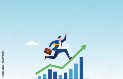 Businessman running upward graph showing success and growth business concept
