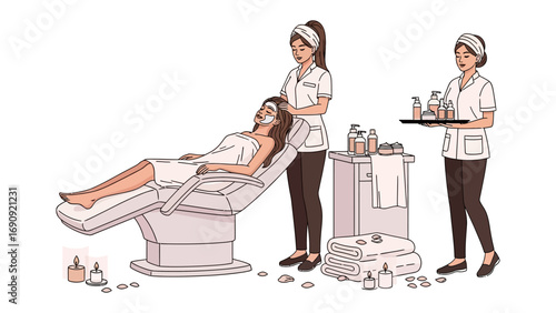 Two professional spa technicians in uniform attending to a client relaxing in a comfortable treatment chair with beauty products and equipment