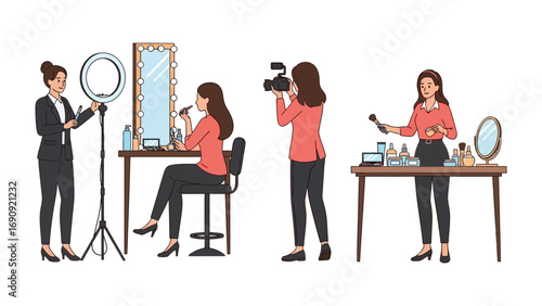 Diverse women creating content and applying makeup in a studio setting with ring lights and cameras showcasing beauty and digital media production