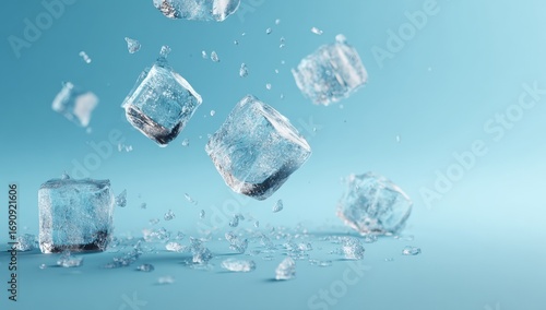 Ice cubes falling on a light blue surface