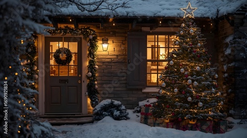 Cozy Christmas Eve snow falling on a beautifully decorated house with a lit tree and presents