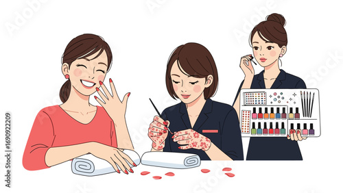 Happy woman receiving professional manicure and nail polish application at beauty salon with technician and display of colors