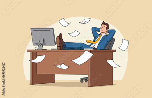 Businessperson relaxing at desk with papers flying around office chaos