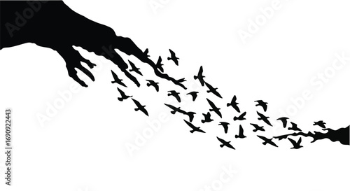 A flock of birds takes flight from a dark, abstract shape, symbolizing freedom and release.