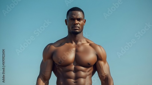 Powerful, muscular Black man with intense gaze, showcasing peak physical fitness against a clear blue sky