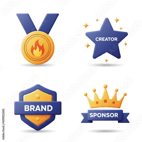 Stylized Flat Vector Isolated Icons for Influencers, Creators, Brands, and Sponsors: Medal Flame, Creator Star, Brand Badge