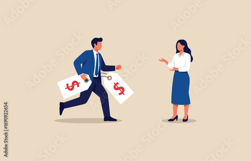 Businessman running with money bags towards woman conceptualizing financial opportunity or theft