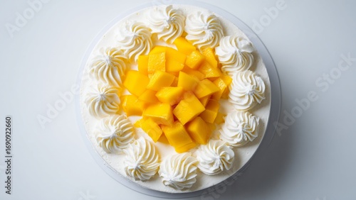 Top View of Mango Cake covered with neat piped swirls of whipped cream and a pile of bright yellow mango chunks, creating a beautiful and appetizing pattern. 