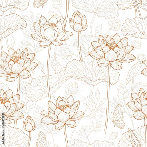 Wallpaper Mural Seamless pattern of hand-drawn lotus flowers, leaves, and butterflies in a delicate line art style. Torontodigital.ca
