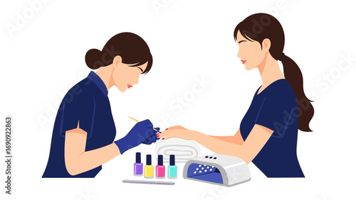 Professional manicurist applying nail polish to a client s fingernails in a salon setting with colorful polish bottles and uv lamp