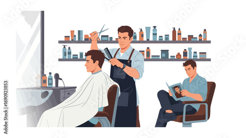 Professional barber in apron giving a haircut to a client sitting in a chair with a white cape in a modern salon