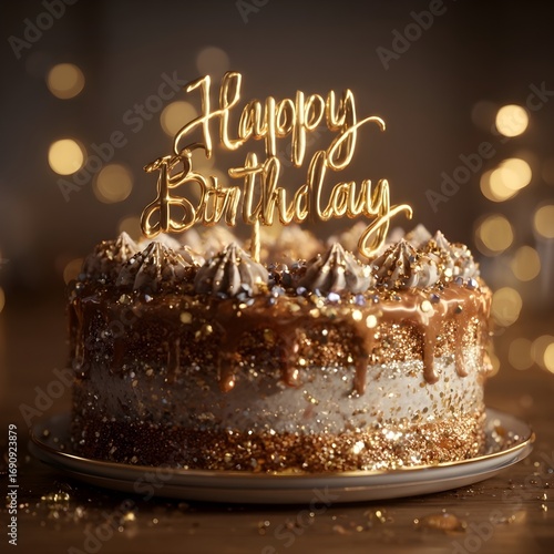 Elegant Birthday Cake with Gold Glitter and Caramel Drip Decoration
