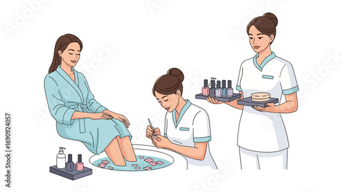 Professional pedicure service a woman receives foot care while a technician applies polish and another holds nail polish bottles