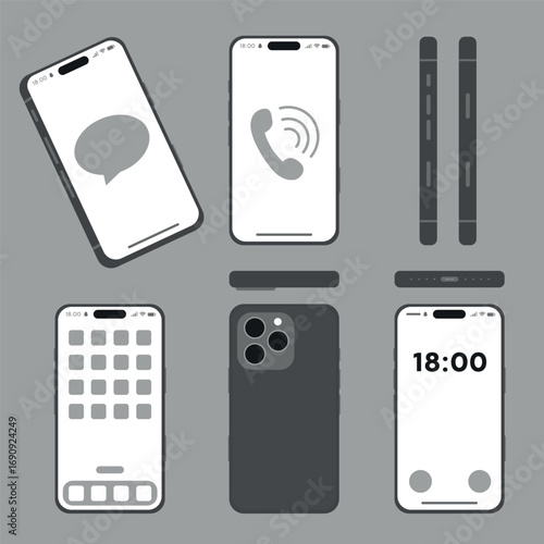 Set of modern smartphone illustrations. Mobile phone icons with front, back and side view, user interface, call screen and apps. Vector flat design for technology, communication and digital concept