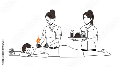 Two female therapists performing a traditional chinese medicine cupping therapy session on a male patient lying on his stomach