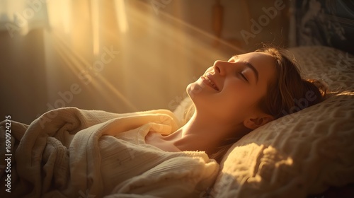 Peaceful young woman basking in warm morning sunlight while resting comfortably in bed