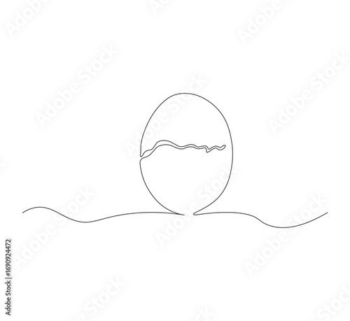 Draw one continuous line of a cracked egg shell. white background. One line organic farming products concept. Editable outline