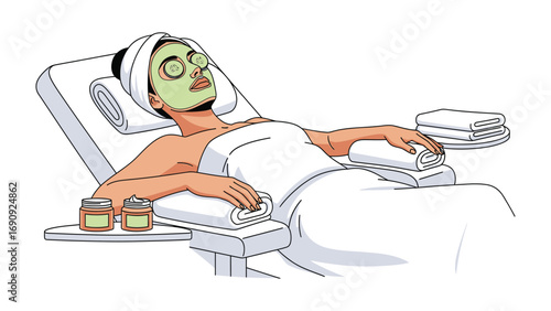 Relaxing woman in a spa treatment chair enjoying a facial mask and cucumber slices with towels and oils nearby