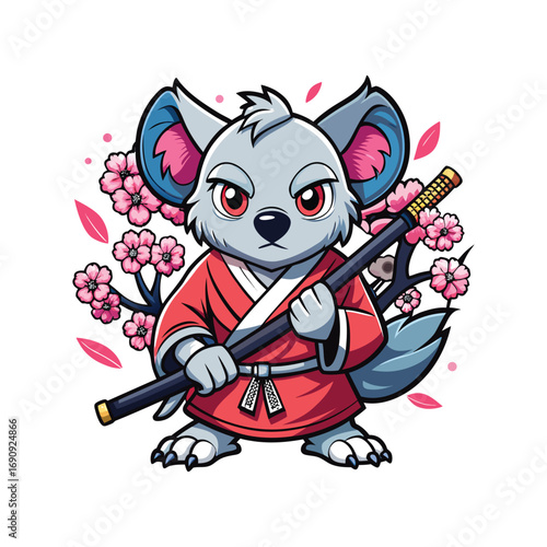 Fierce koala warrior in red kimono with katana and cherry blossoms