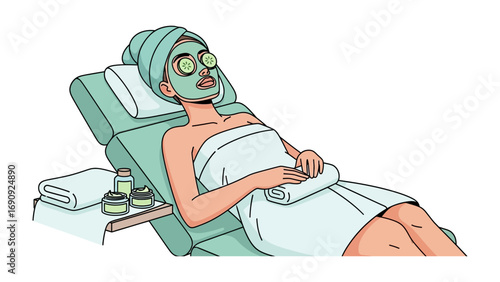 Relaxed woman with cucumber slices on eyes and green face mask lying on spa bed wrapped in towels