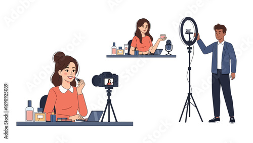 Diverse group of content creators filming beauty tutorials and vlogs using cameras and ring lights for online video production