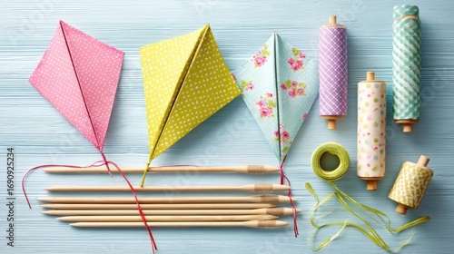 Colorful kites and string rolls on light blue surface