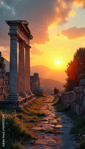 Serene sunrise over ancient Roman ruins, a peaceful scene perfect for contemplation and inner peace Imagine the echoes of history as you find your center , roman empire, tranquility, contemplation
