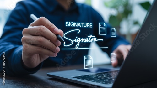 A person digitally signing documents on a laptop, showcasing modern technology for remote signatures and electronic paperwork.