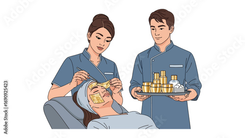 Skilled beautician applying facial mask to client in spa while assistant holds tray of beauty products and jars for treatment
