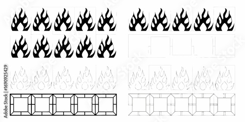 Collection of stylized flame icons and geometric patterns in black and white sketches and solid designs