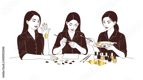 Three young women applying makeup and nail polish together at a table with beauty products and tools in a lighthearted setting