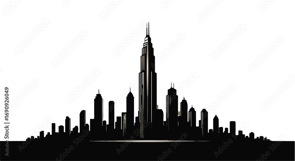 Obraz premium Dramatic silhouette of a modern city skyline against a bright white background.