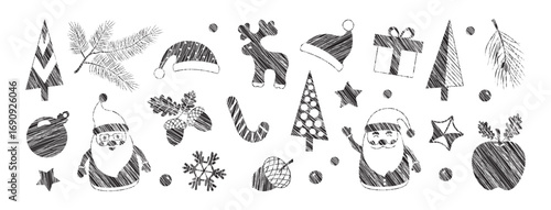 Christmas sketch doodle icon, winter crayon scribble. Xmas snowman, pine, fir, Santa hat. Charcoal gift box, tree and ball, apple, acorn. Reindeer and snowflake isolated on bg. Vector illustration