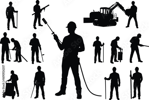 Silhouette construction workers performing various tasks with tools and heavy equipment, including measuring, welding, carrying, drilling