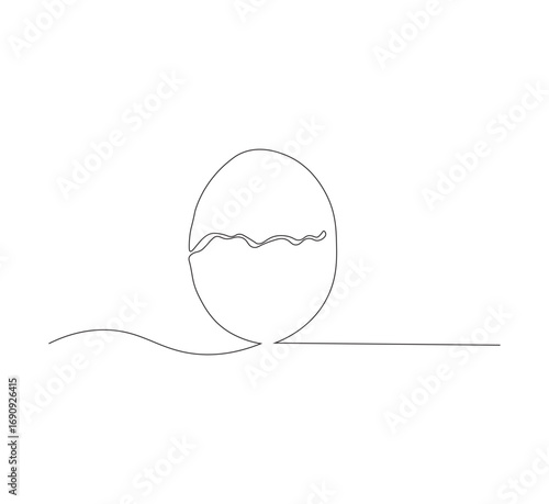 Draw one continuous line of a cracked egg shell. white background. One line organic farming products concept. Editable outline