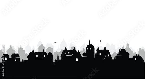 Charming village silhouette against a bright sky, evoking a sense of peaceful community life.