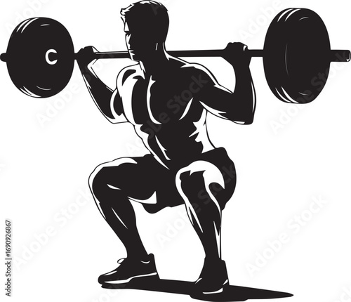 Athletic silhouette of a muscular man performing a barbell squat for strength training
