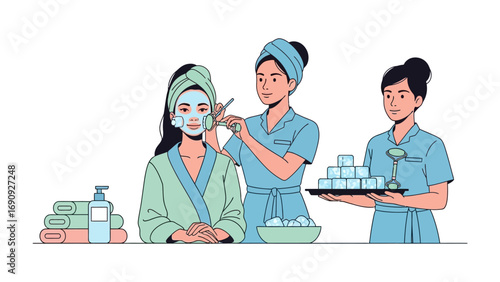 Skilled spa therapist applies a refreshing facial mask to a relaxed client wearing a soft robe and towel wrap