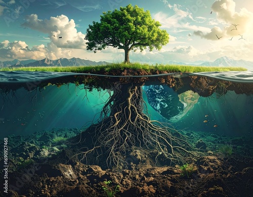 A vibrant tree flourishing on an island, showcasing its roots underwater, and a beautiful sky.