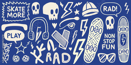 Cool doodle collage featuring skateboards skulls lightning bolts and fun phrases on blue background
