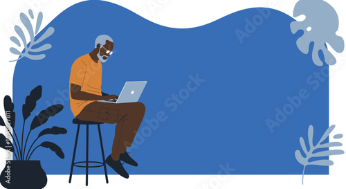 Senior Black man actively using a laptop on a stool, representing digital learning, remote work, or modern lifestyle. Copy space for text.